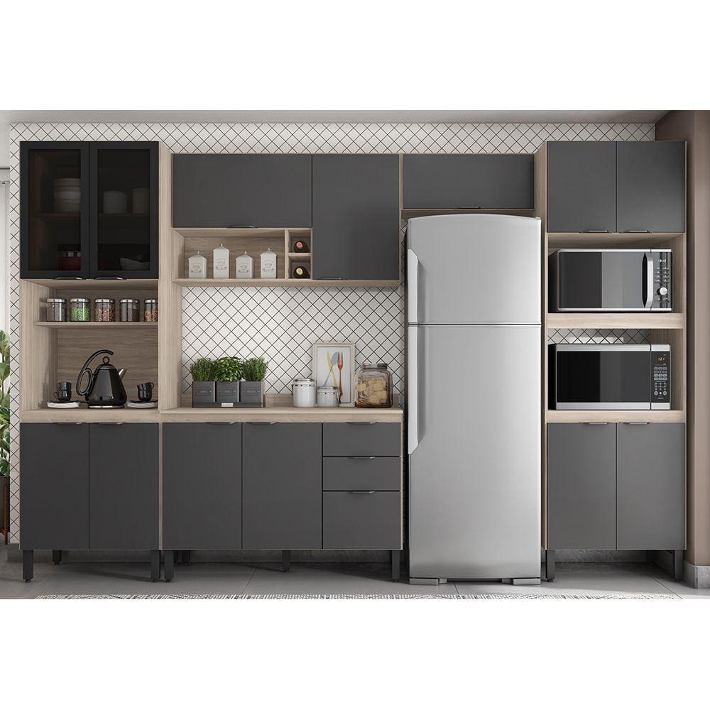 Cozinha Modulada Completa 14 Portas 02 Gavetas Firenze Avena Grafito Demóbile