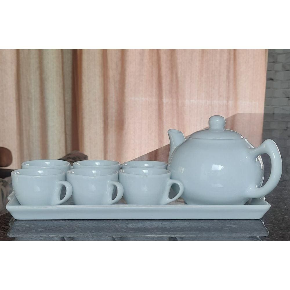 Jogo Café e Chá Mesa Posta, Bandeja + kit 6 xícaras cônicas 100ml + Chaleira 830ml - Porcelana Branca