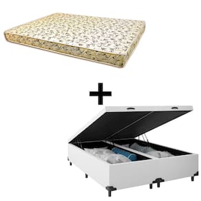 Cama Baú Casal Bipartido - Tecido Sintético Branco Com Colchão Austrália Bello Box - 100% Espuma D26 Amarelo 55x138x188