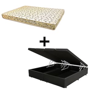 Cama Baú Casal Bipartido - Tecido Sintético Preto Com Colchão Austrália Bello Box - 100% Espuma D26 Amarelo 55x138x188