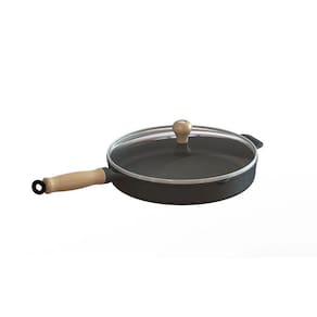 Frigideira Ferro Fundido Com Tampa Vidro Cabo Madeira 22cm