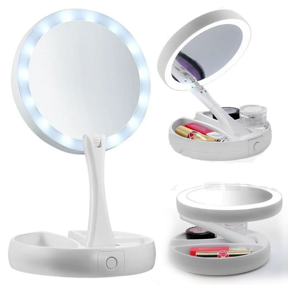 Espelho Maquiagem Retrátil Luz Led Duas Faces Retrátil Aumenta 10X