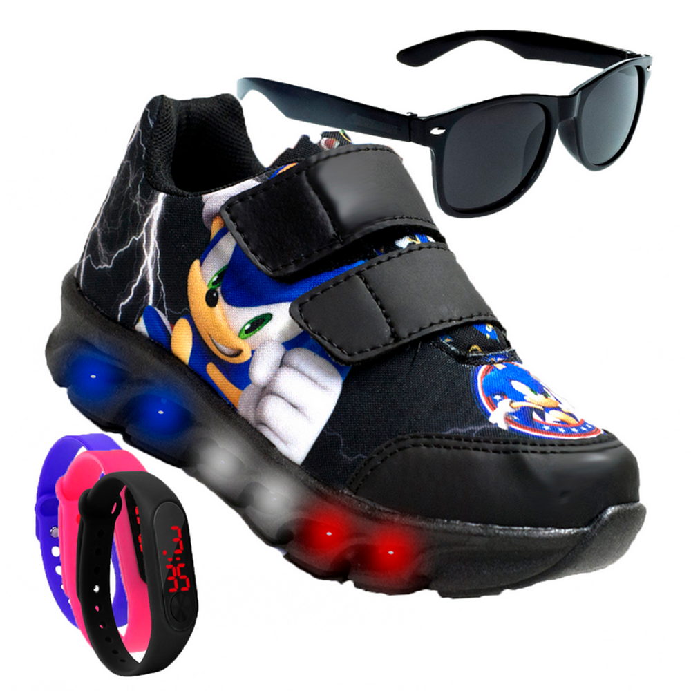 Kit Tenis Infantil De Led Sonic Calce Facil Oculos Relogio