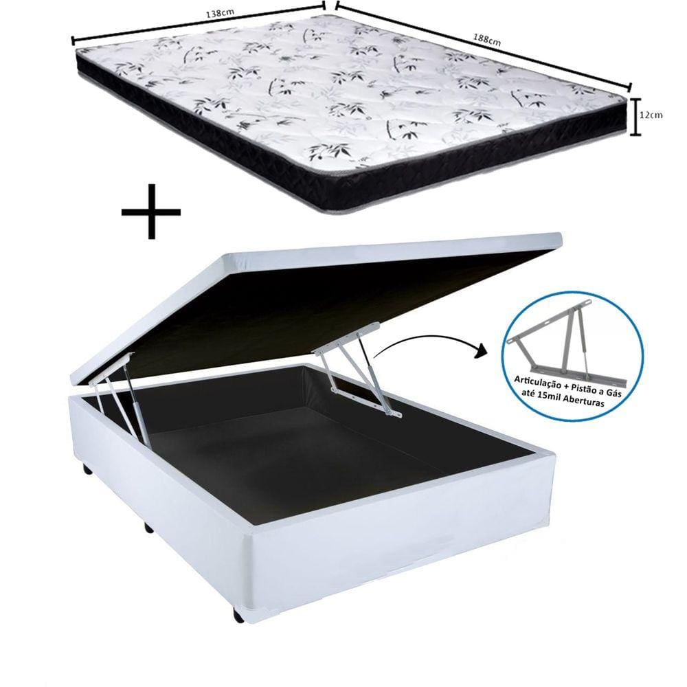 Cama Box Baú Casal Sintético Branco + Colchão Casal Espuma D33 Com EPS 28x138x188