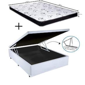 Cama Box Baú Casal Sintético Branco + Colchão Casal Espuma D23 Com EPS 14x138x188