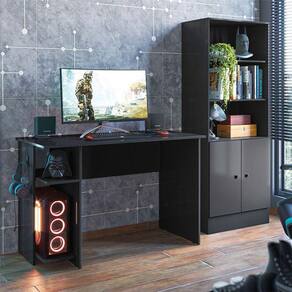 Mesa para Computador 3875 e Armário Gamer 4095 Ambiente Preto Fosco - Qmovi