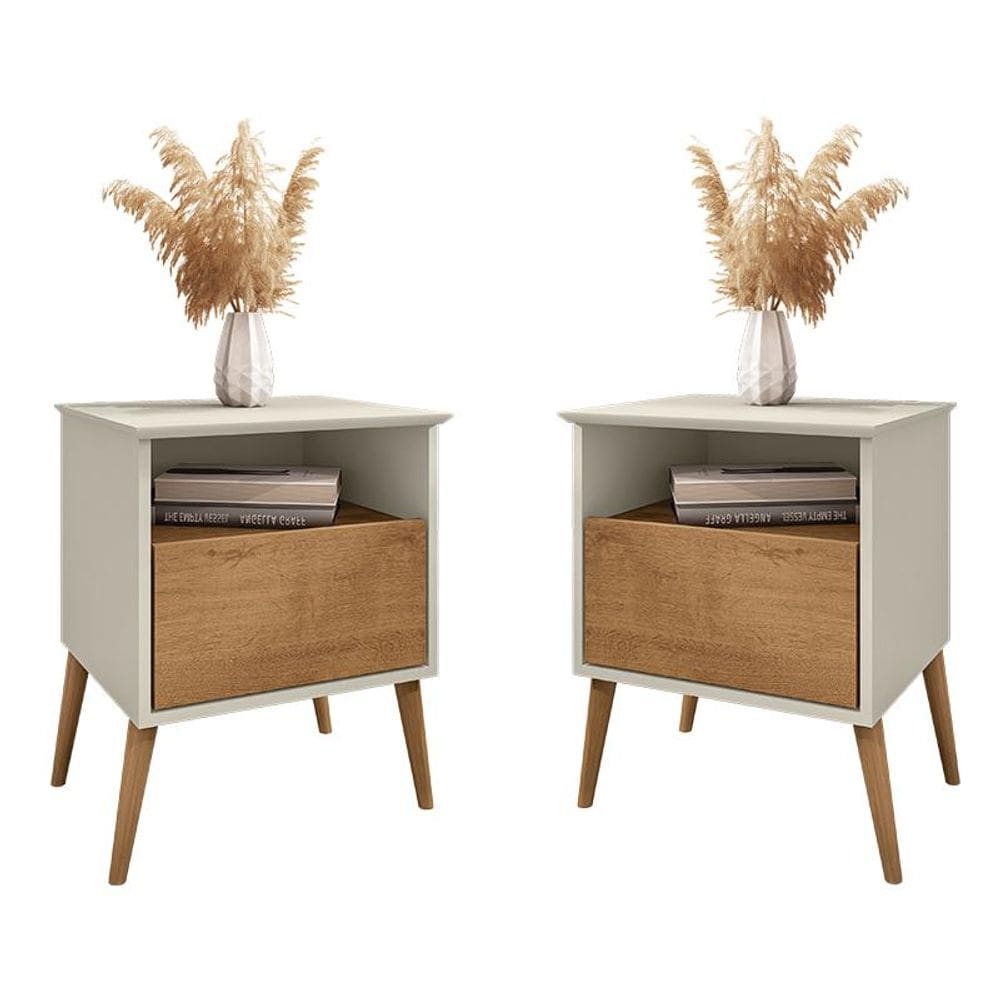 Kit 2 Mesa de Cabeceira Cancun 1 Gaveta Pés Madeira Maciça