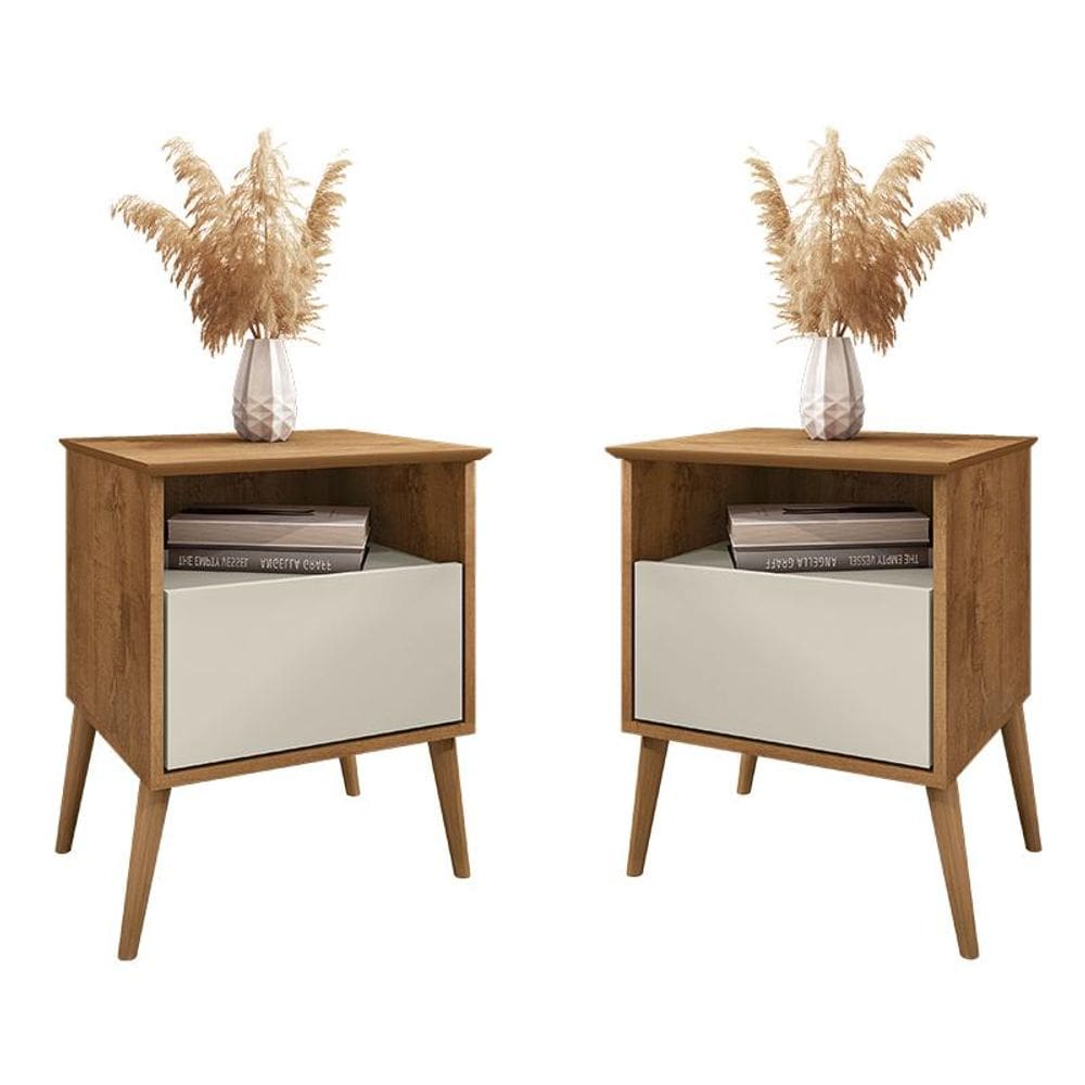 Kit 2 Mesa de Cabeceira Cancun 1 Gaveta Pés Madeira Maciça