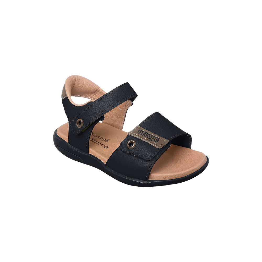 Sandália Infantil Masculina Ortopé Autêntica Couro Fecho Duplo Preto