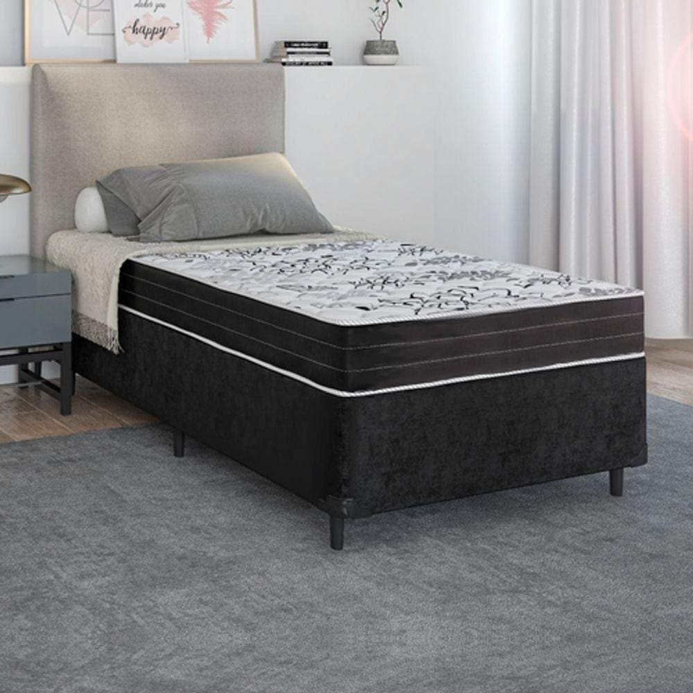 Cama Box Solteiro Sintético Preto com Colchão de Espuma Semi Ortopédica Extra Firme Resistente Preto 88x188x52cm Suporta 80kg