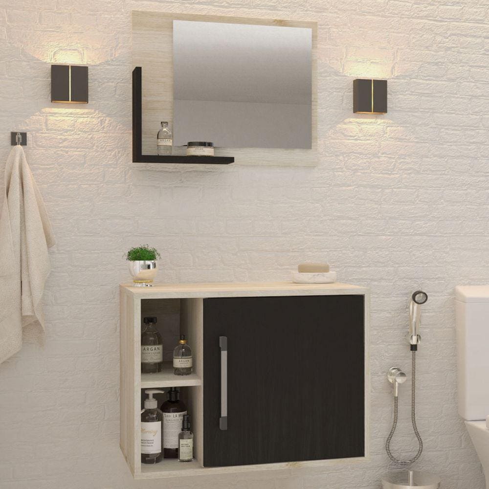 Armário De Banheiro 1 Porta 2 Prateleiras Com Espelho Snow/preto ônix 14700 - Compace