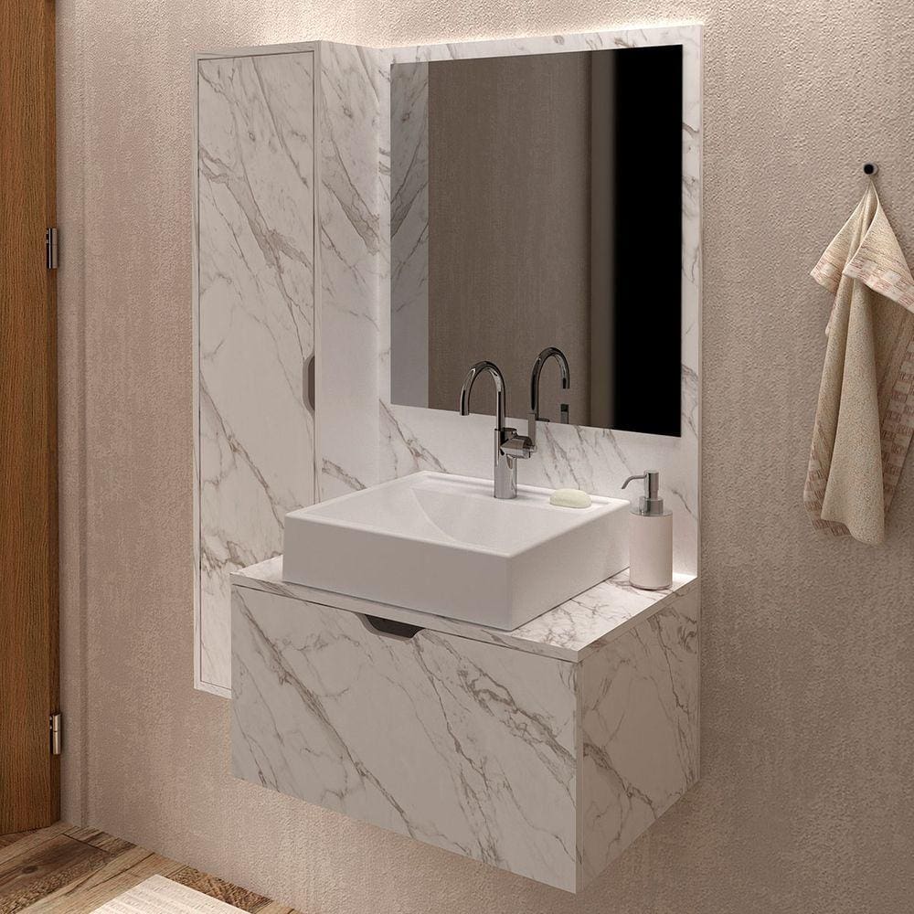 Armário De Banheiro 2 Portas 3 Prateleiras Com Espelho Mármore Branco Bn3604 - Tecno Mobili