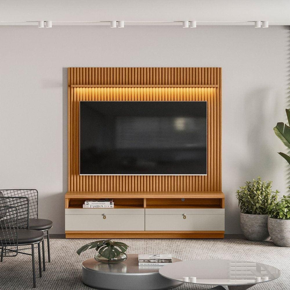 Rack com Painel para TV até 75 Polegadas com LED 2 Nichos 2 Gavetas Ouro Preto Linea Brasil Marrom/Off White