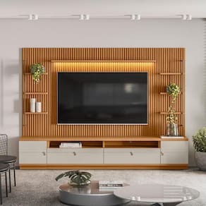 Rack com Painel para TV até 75 Polegadas com 2 Módulos Laterais LED 2 Portas Linea Brasil Marrom/Off White