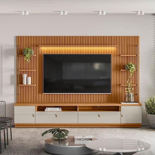 imagem-Rack com Painel para TV até 75 Polegadas com 2 Módulos Laterais LED 2 Portas Linea Brasil Marrom/Off White