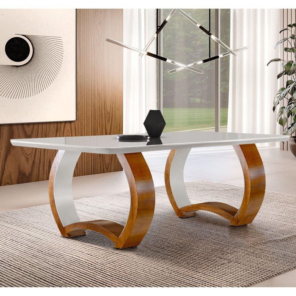 Mesa em Madeira Maciça 220x110cm Tampo Vidro Bari Mobilare Cinamomo Imbuia/Off White