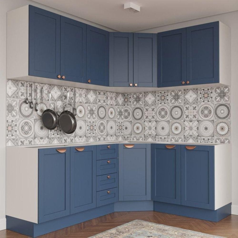 Cozinha Modulada 6 Peças sem Tampo 3 Aéreos e 3 Balcões Arizona CabeCasa MadeiraMadeira Branco/Azul