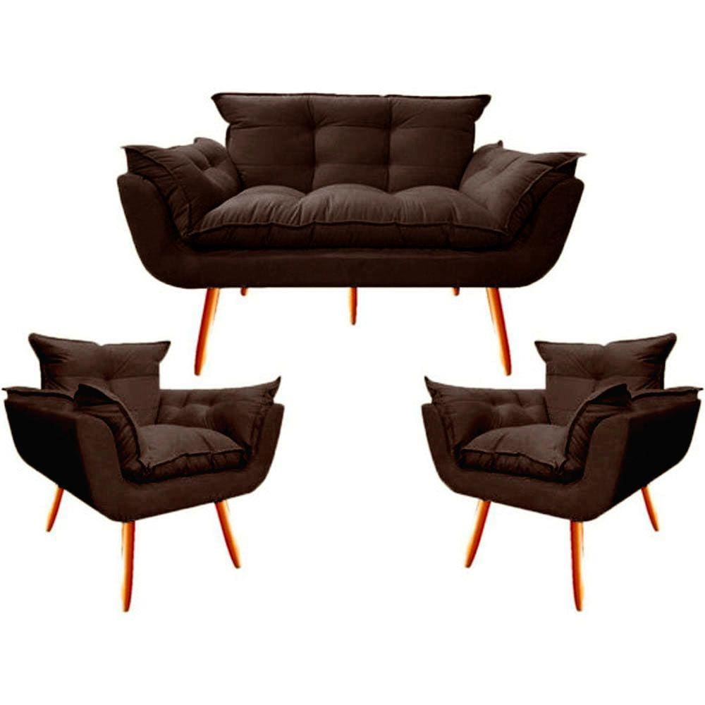 Namoradeira + 2 Poltronas Decorativa Opalla Sala de Estar Consultorio Clinica Suede Marrom - Decor Elity