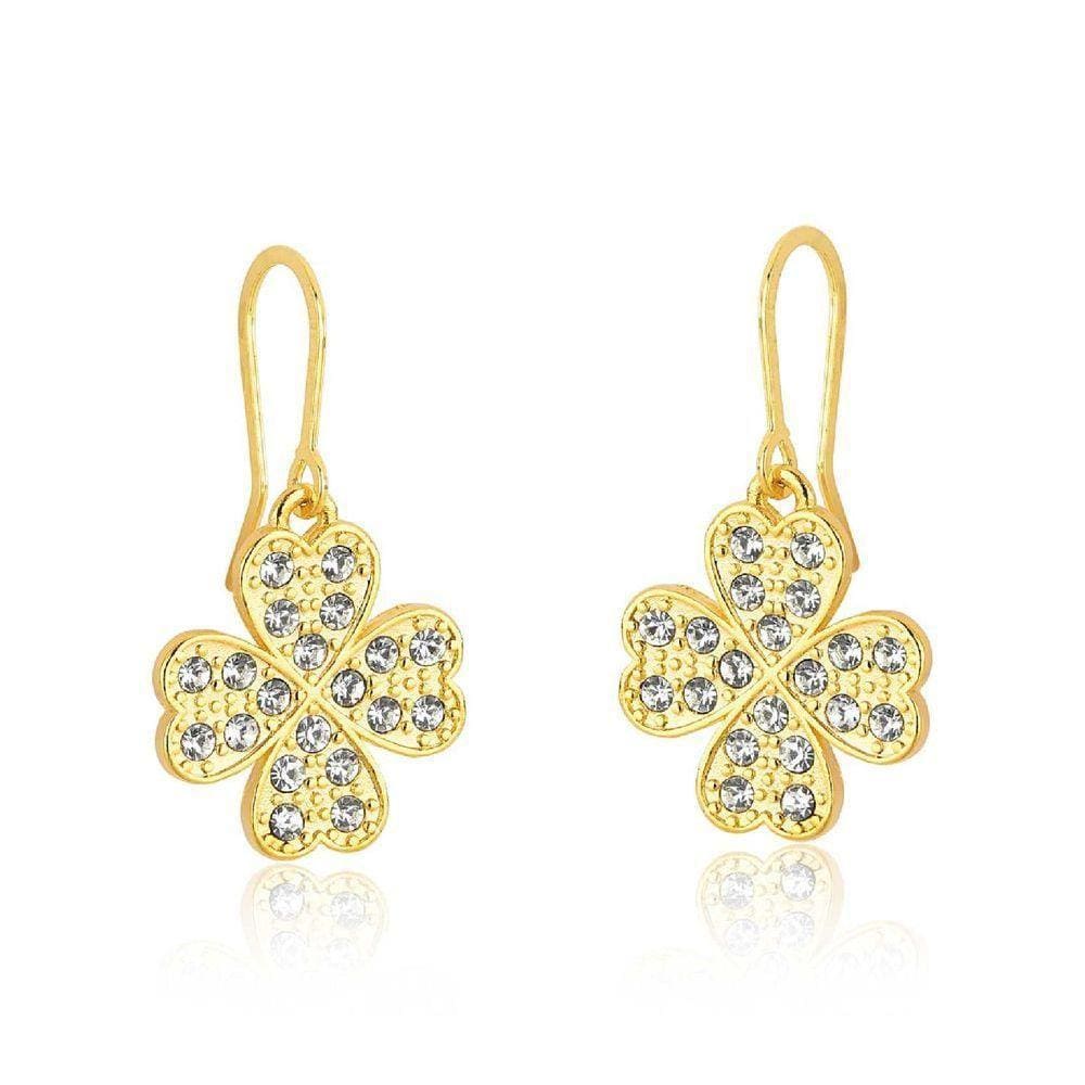 Brinco Clover Crystals Revestido Em Ouro