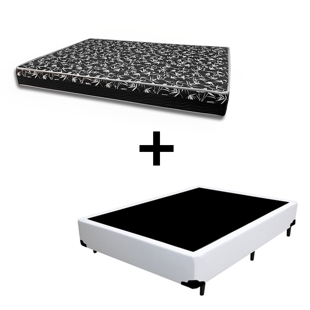 Cama Box Casal 138 - Tecido Sintético Branco com Colchão Belize Bello Box - D33 Preto 57x138x188