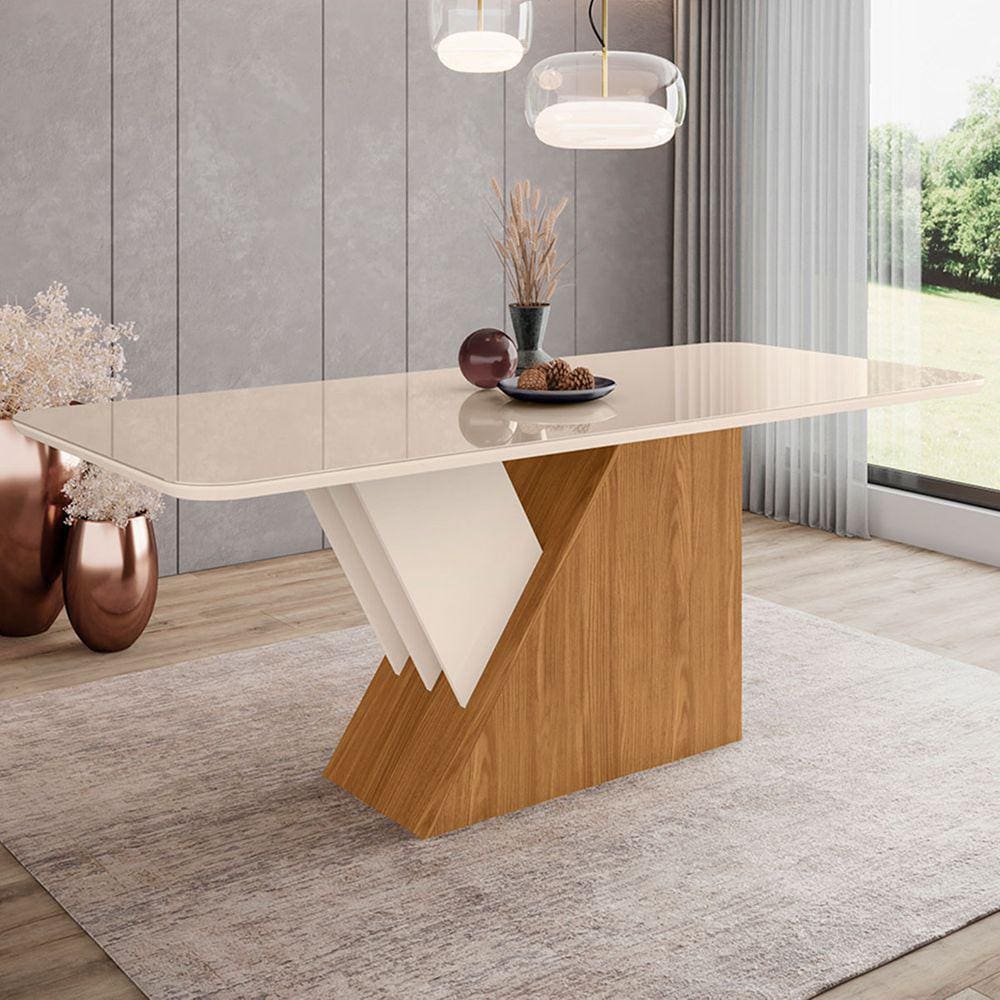 Mesa De Madeira Lucena Com Vidro Nature/off White Sci23 - Henn