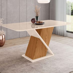Mesa De Madeira Fiorella Com Vidro Natural/off White Sci27 - Henn