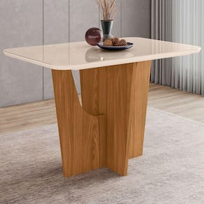 Mesa De Madeira Danielly Com Vidro Nature/off White Sci44 - Henn