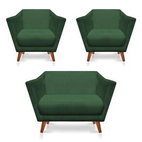 Kit 2 Poltronas e Namoradeira Pérsia Suede Verde Pés Chanfrado Castanho - Pallazio