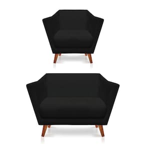Kit Poltrona e Namoradeira Pérsia Suede Preto Pés Chanfrado Castanho - Pallazio