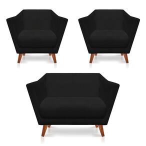 Kit 2 Poltronas e Namoradeira Pérsia Suede Preto Pés Chanfrado Castanho - Pallazio