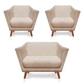 Kit 2 Poltronas e Namoradeira Pérsia Suede Bege Pés Chanfrado Castanho - Pallazio