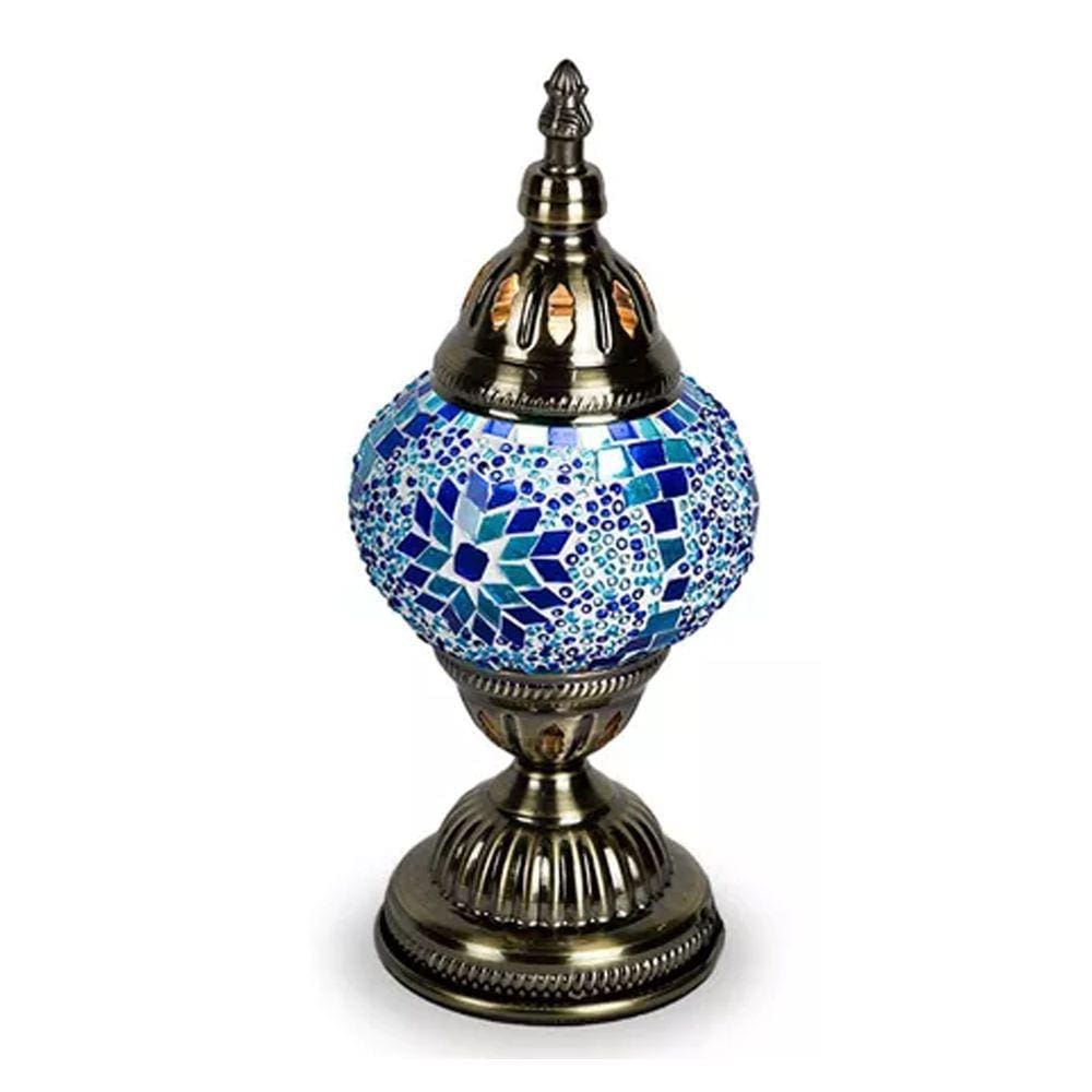 Abajur Turco Mosaico Metal Vidro Azul Bivolt 28 cm YMA401