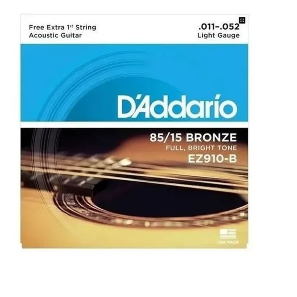 Encordoamento de aço para violão EZ910-B 6 cordas light 011-052 corda Mi extra