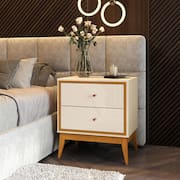 Mesa de Cabeceira 2 Gavetas com Pés em Madeira Maciça Arruna