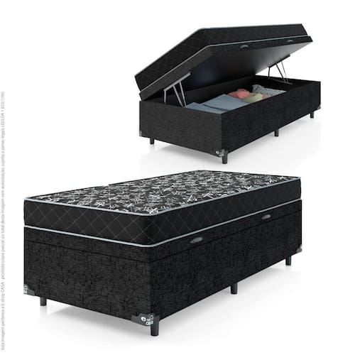 Cama Box Baú Solteiro + Colchão Espuma D20 - 56x88x188cm - Suede Preto - Preto