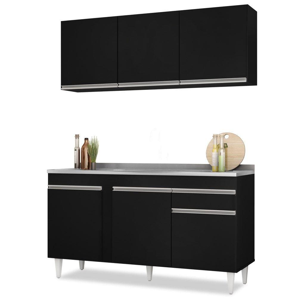 Armário Aéreo Argélia e Balcão Gabinete com Pia Inox 150cm Dakota Preto - Lumil