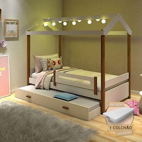Cama Solteiro Com Auxiliar E Led Casinha Montessoriana Eliz Branco/Castanho + 2 Colchões