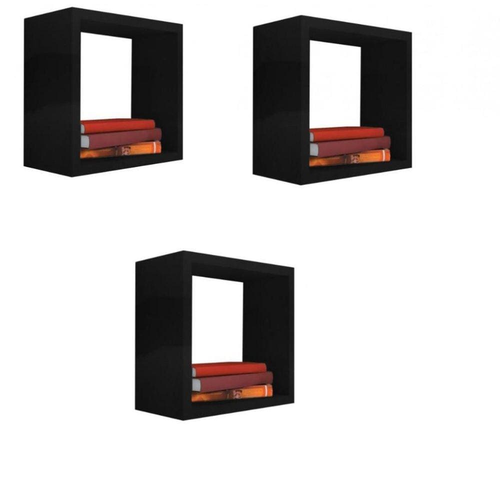 Kit 3 Nicho Decorativo 55X55X20 Cm Preto Em Mdf