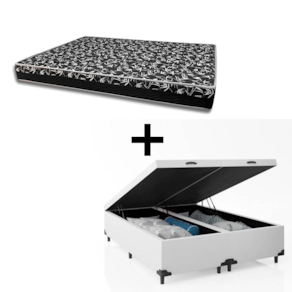 Cama Box Baú Queen 158 - Tecido Sintético Branco Com Colchão Belize Bello Box - D33 Preto 58x158x198