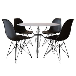 Mesa De Jantar Com 4 Cadeiras Pretas Eames Eiffel Tampo Redondo Branco 90Cm Base De Ferro Preto