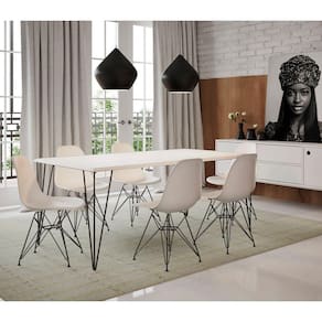 Mesa Sala De Jantar Industrial Branca 135X75 Com 6 Cadeiras Brancas De Ferro Preto