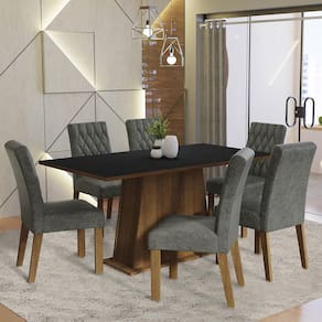 Conjunto Sala de Jantar Mesa Tampo de Madeira 6 Cadeiras Rustic/Preto/Silver Britney Madesa