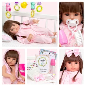 Boneca bebe reborn girafinha menina silicone 48 cm olhos castanhos