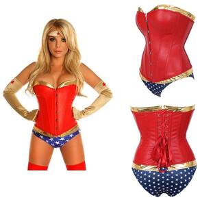 Corpete Corset Corselet Cinta Redutora Mulher Maravilha Couro Vermelho M439