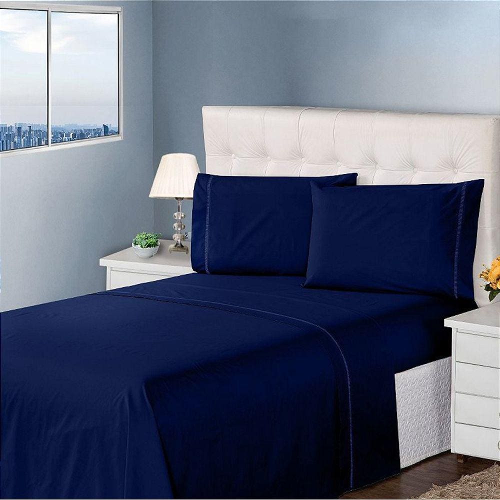 Jogo de Cama Casal 400 Fios 4 Peças Azul Casa Dona