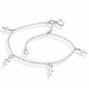 Pulseira De Prata Cadeado Elo Longo Com 5 Cruz Facetada 18cm