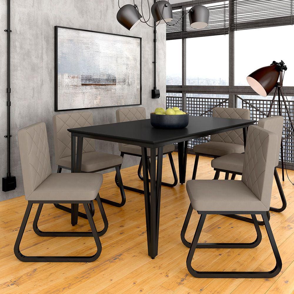 Mesa Com 6 Cadeiras Industrial 1,60 Ibiza Pt/pt/beg - Móveis Arapongas