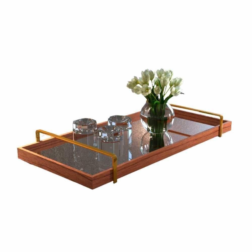 Bandeja Espelhada Madeira Com Alça Dourada