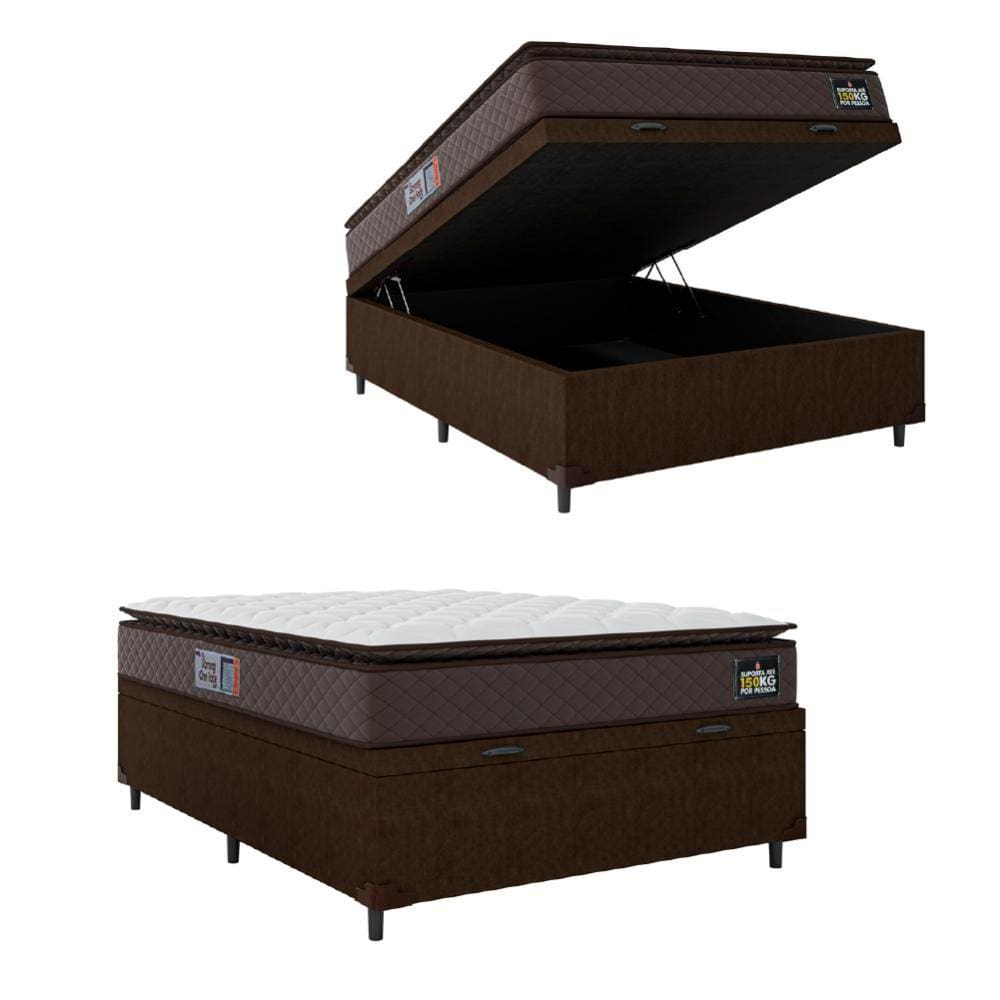 Cama Box Baú Casal Colchão Espuma D45 Pillow Top Strong 138x188x65cm Marrom Hellen - Suporta até 150kg por Pessoa