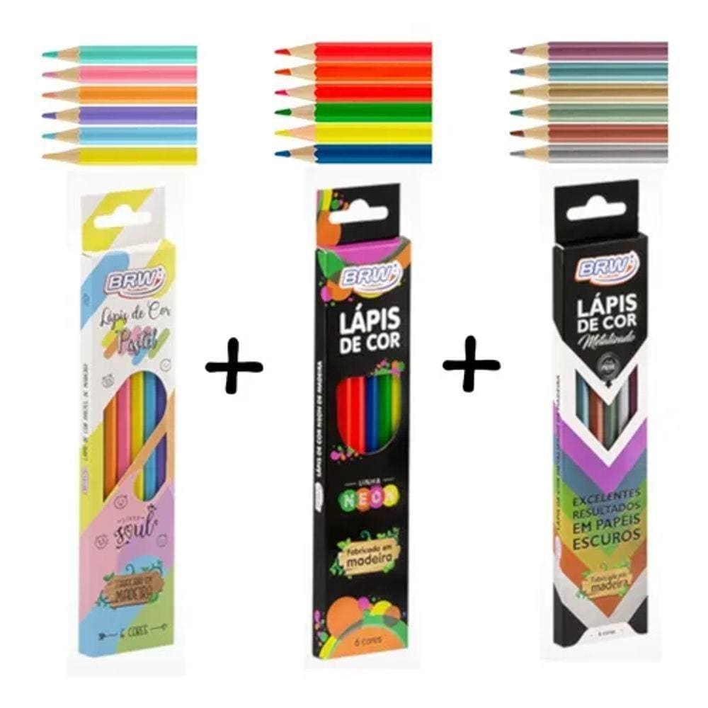 Lápis de Cor BRW - Pastel, Metalizado, Neon - 06/18 Cores - Avulso